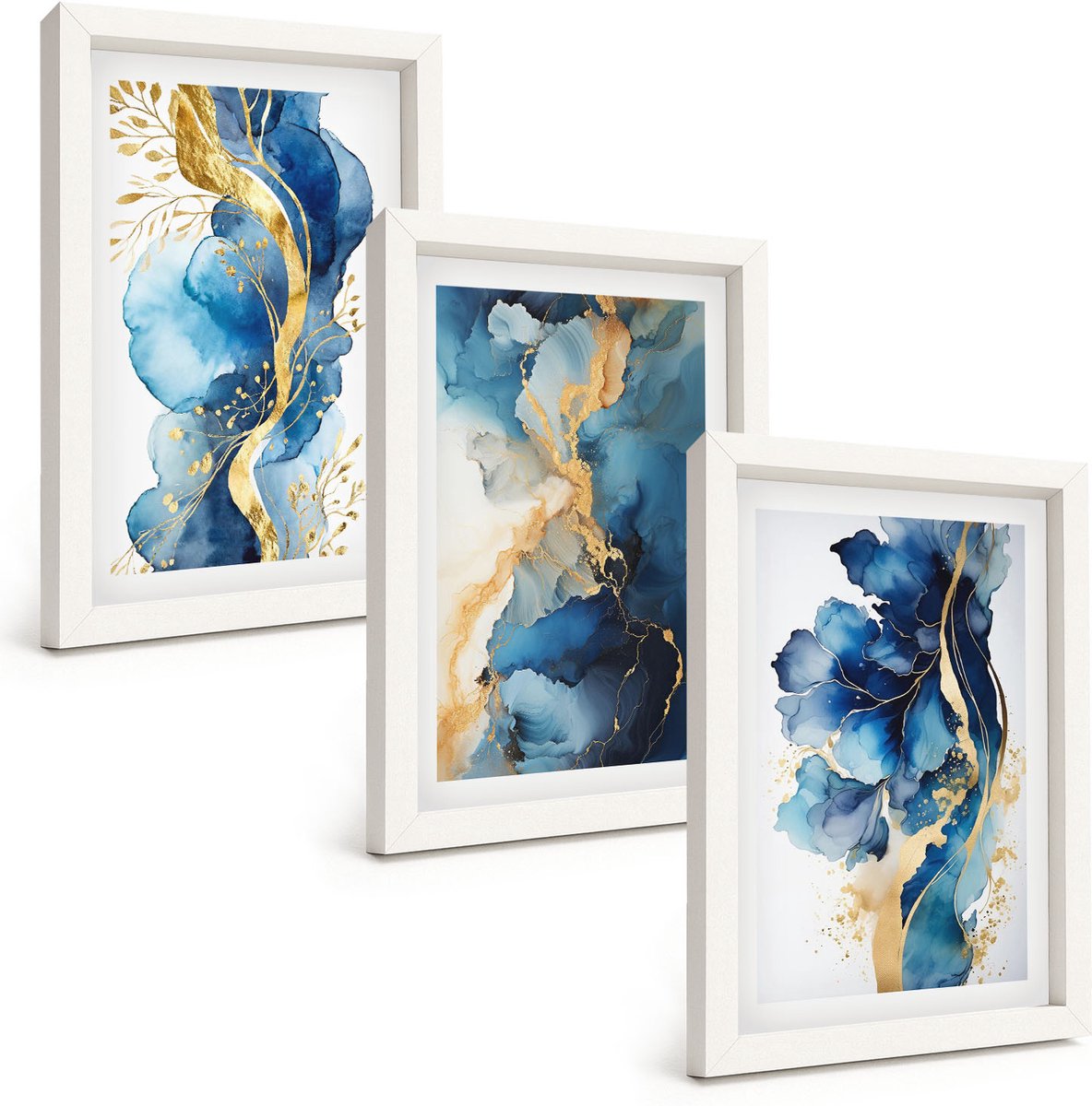 Wallfluent 3-Delige Schilderij Set - Blauwe Abstracte Patronen Met Subtiele Accenten - 20 x 30 - Wanddecoratie - Moderne Interieurdecoratie