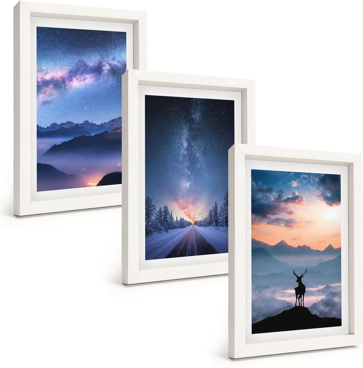 Wallfluent 3-Delige Schilderij Set - Nachtelijke Hemel, Berglandschappen In De Mist En Herten - 20 x 30 - Wanddecoratie - Woonkamer Decoratie - Muurdecoratie