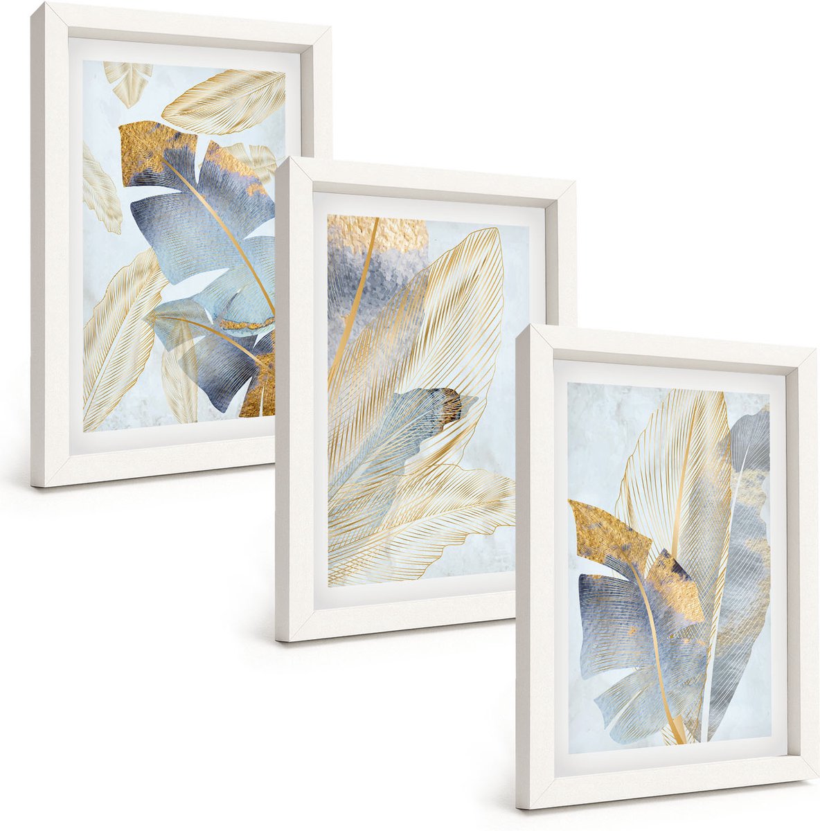 Wallfluent 3-Delige Schilderij Set - Bladeren In Blauwe En Beige Tinten Op Een Lichte Achtergrond. - 20 x 30 - Decoratieve Schilderijen - Woonkamer - Interieur - Wanddecoratie