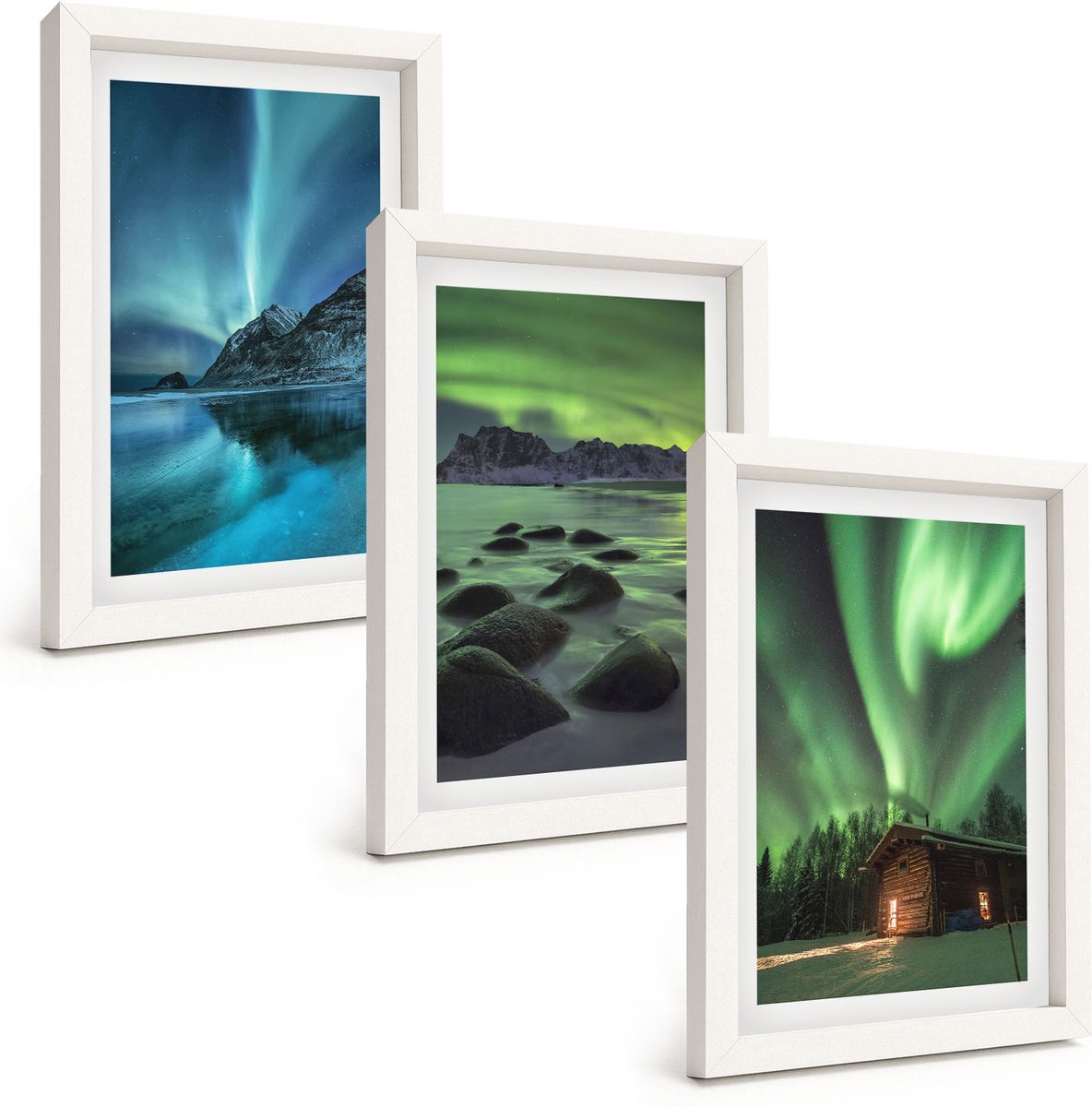 Wallfluent 3-Delige Schilderij Set - Winterlandschappen Met Het Noorderlicht Boven De Bergen - 20 x 30 - Muurdecoratie - Wanddecoratie - Slaapkamer