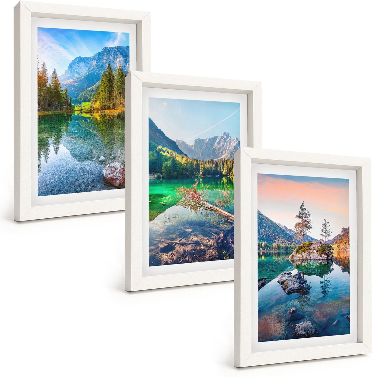 Wallfluent 3-Delige Schilderij Set - Bergmeren Met Water En Omringende Natuurlandschappen - 20 x 30 - Decoratieve Schilderijen - Woonkamer - Interieur - Moderne Wanddecoratie