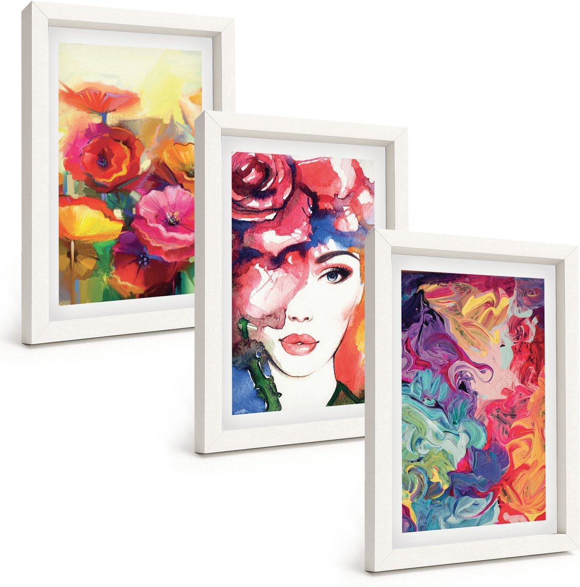 Wallfluent 3-Delige Schilderij Set - Bloemen In Intense Kleuren Portret Van Een Vrouw Abstract - 20 x 30 - Stijlvolle Muurdecoratie - Slaapkamer - Wanddecoratie