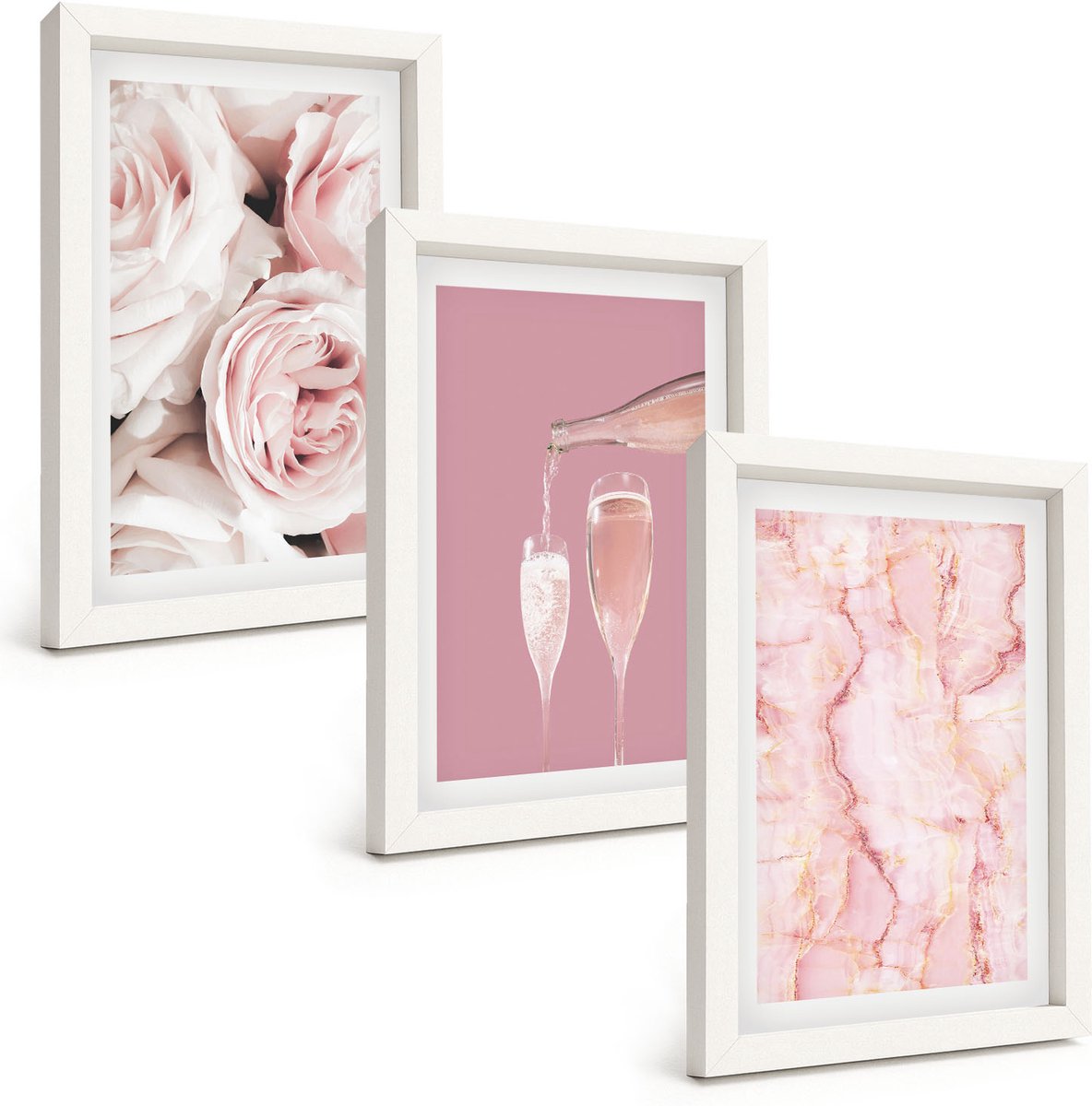 Wallfluent 3-Delige Schilderij Set - Champagnekleurige Rozen En Een Pastelkleurige Marmeren Achtergrond - 20 x 30 - Muurdecoratie - Wanddecoratie - Slaapkamer - Moderne Wanddecoratie