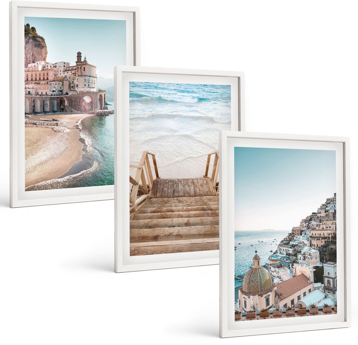 Wallfluent 3-Delige Schilderij Set - Zomerse Pastelkleuren Met Architectuur Aan Zee En Strand - 40 x 60 - Wanddecoratie - Schilderijen Set - Kantoor - Muurdecoratie