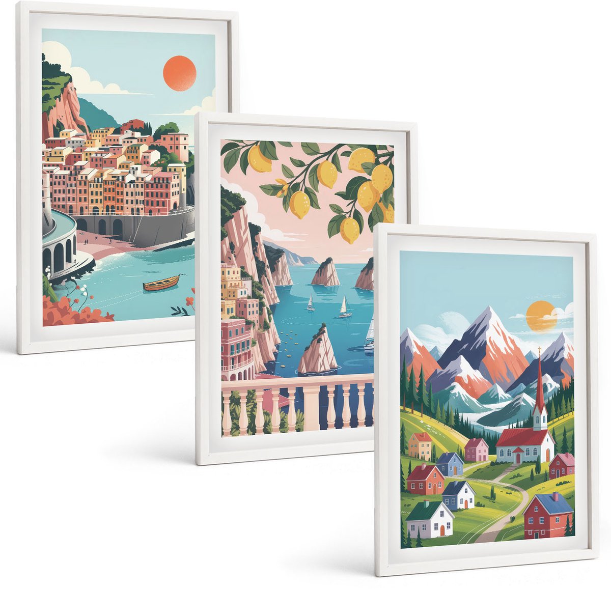 Wallfluent 3-Delige Schilderij Set - Kleurrijke Berglandschappen En Kuststeden - 40 x 60 - Moderne Wanddecoratie - Slaapkamer - Muurdecoratie