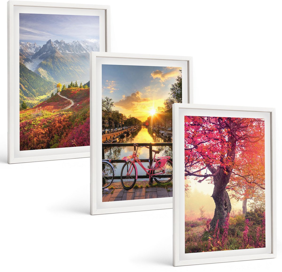 Wallfluent 3-Delige Schilderij Set - Berglandschappen Met Een Fiets En Een Herfstboom - 40 x 60 - Wanddecoratie - Schilderijen Set - Interieur - Moderne Wanddecoratie