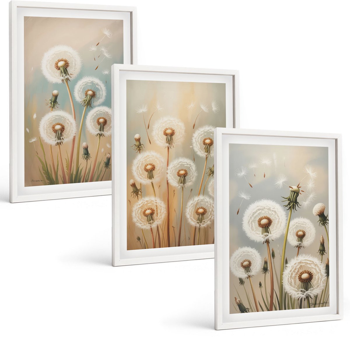 Wallfluent 3-Delige Schilderij Set - Paardenbloemen Op Een Pastelkleurige Achtergrond - 40 x 60 - Wanddecoratie - Muurdecoratie - Woonkamer