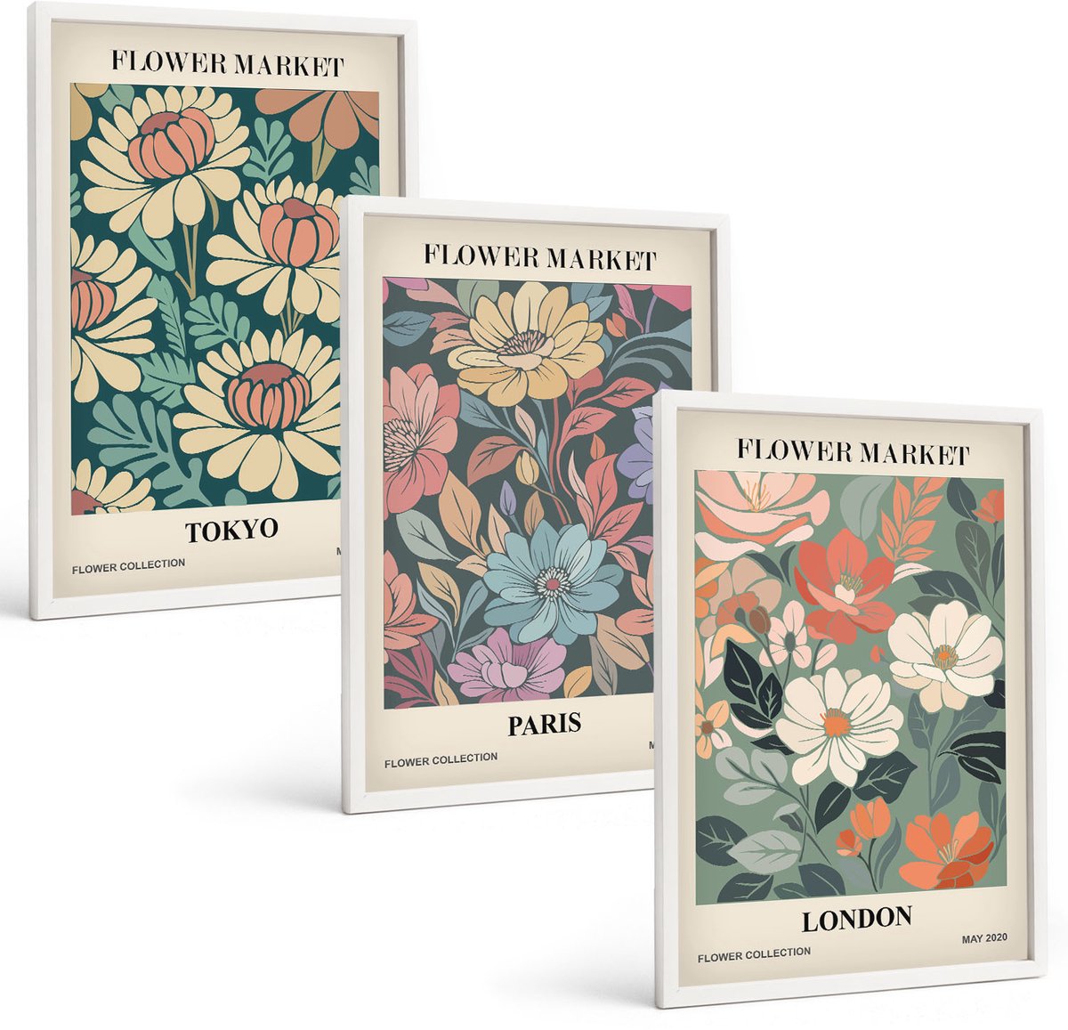Wallfluent 3-Delige Schilderij Set - Bloemenposters Tokio Parijs Londen - 40 x 60 - Wanddecoratie - Muurdecoratie - Woonkamer - Moderne Wanddecoratie