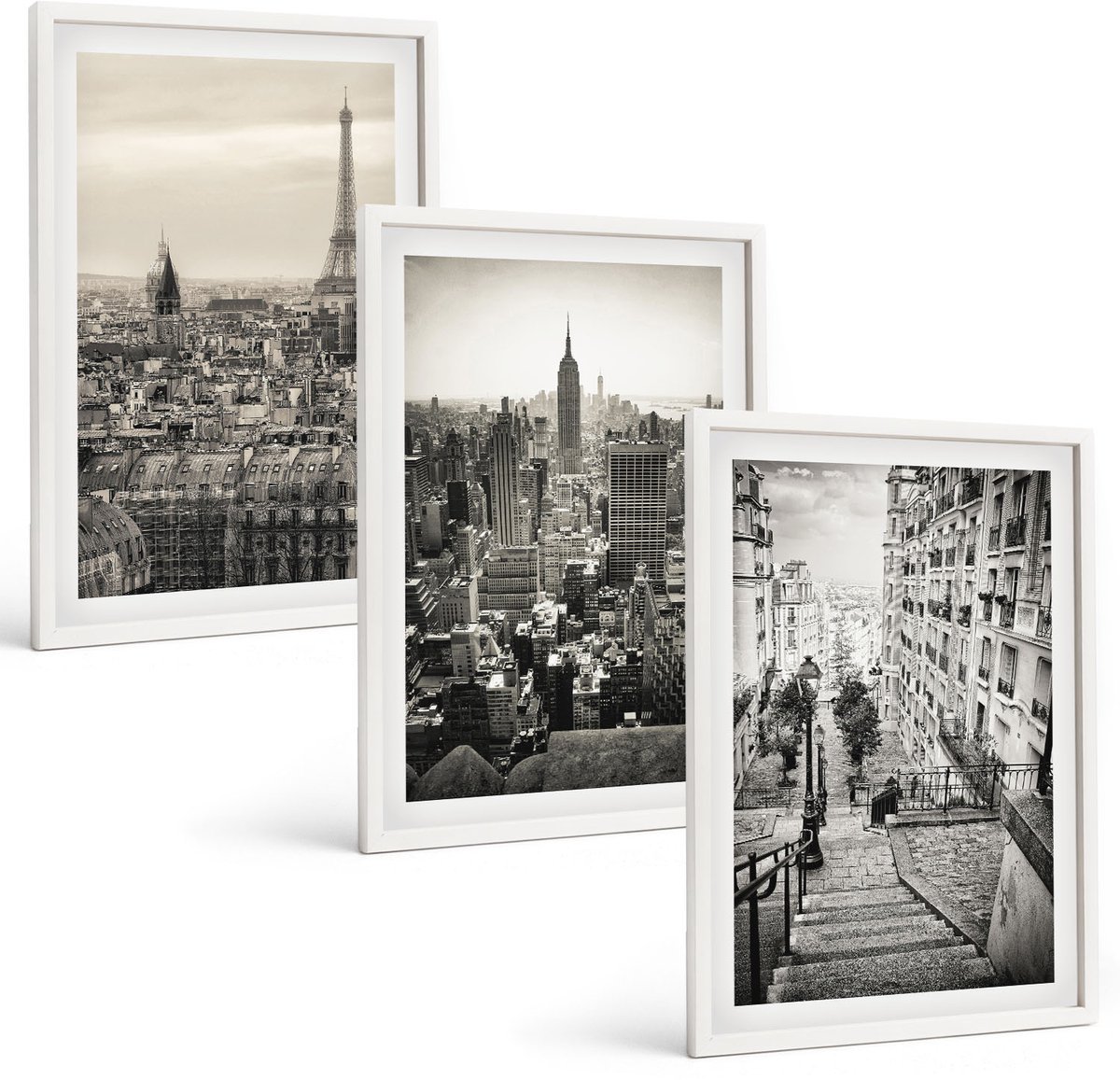Wallfluent 3-Delige Schilderij Set - Stadsgezichten Parijs New York En Charmante Trappen - 40 x 60 - Decoratieve Schilderijen - Wanddecoratie - Hal - Woonkamer Decoratie