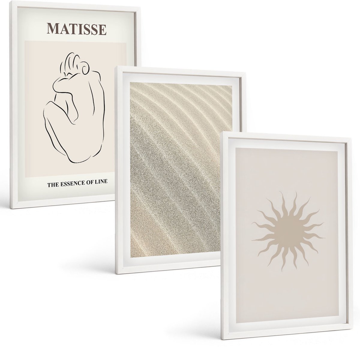 Wallfluent 3-Delige Schilderij Set - Minimalistische Zandlijnen, Golven En Zon - 40 x 60 - Stijlvolle Muurdecoratie - Slaapkamer - Decoratieve Schilderijen