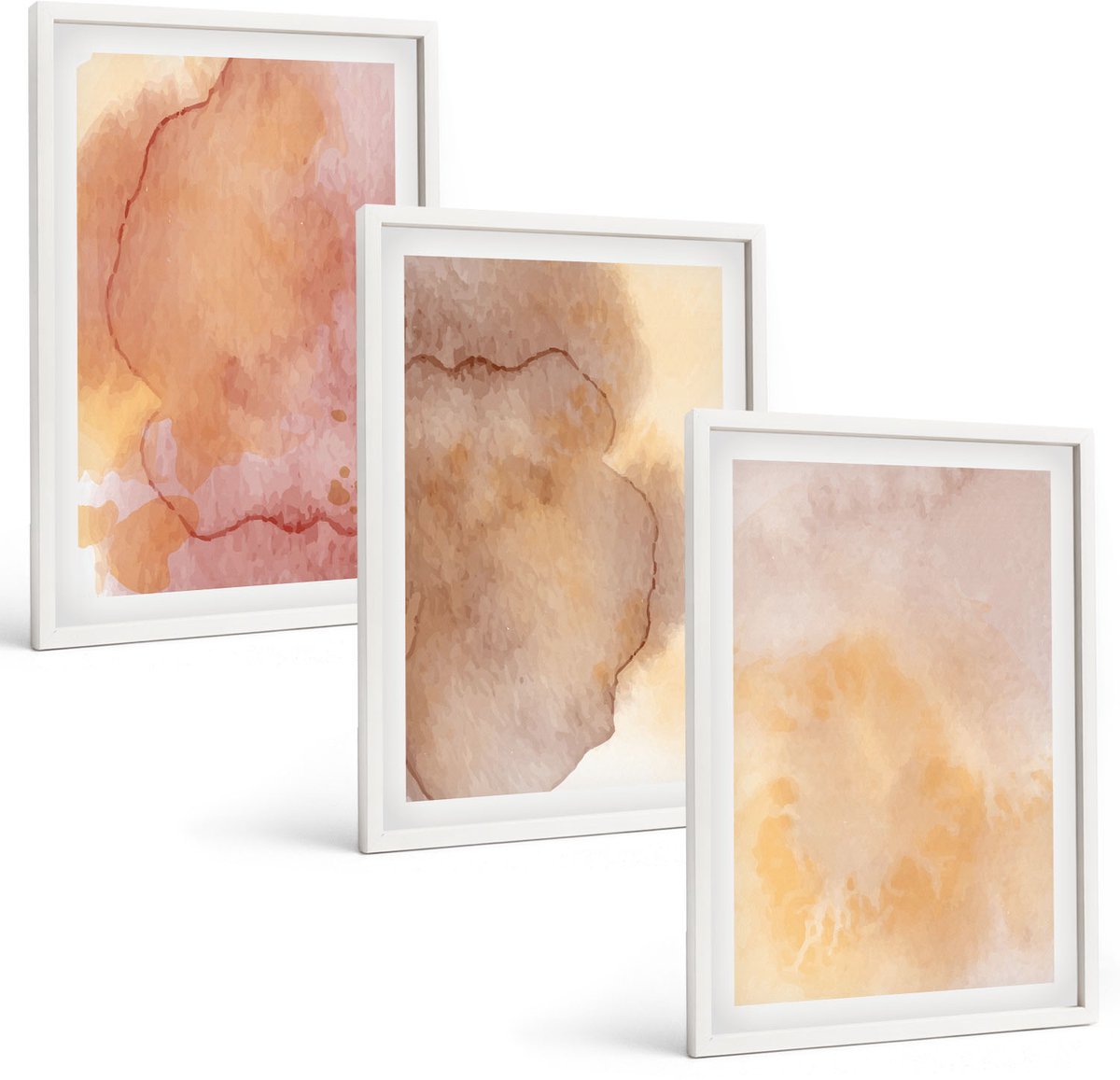 Wallfluent 3-Delige Schilderij Set - Warme Aquarelverf Op Canvas, Kleurrijke Texturen - 40 x 60 - Schilderijen Set - Wanddecoratie - Woonkamer - Woonkamer Decoratie