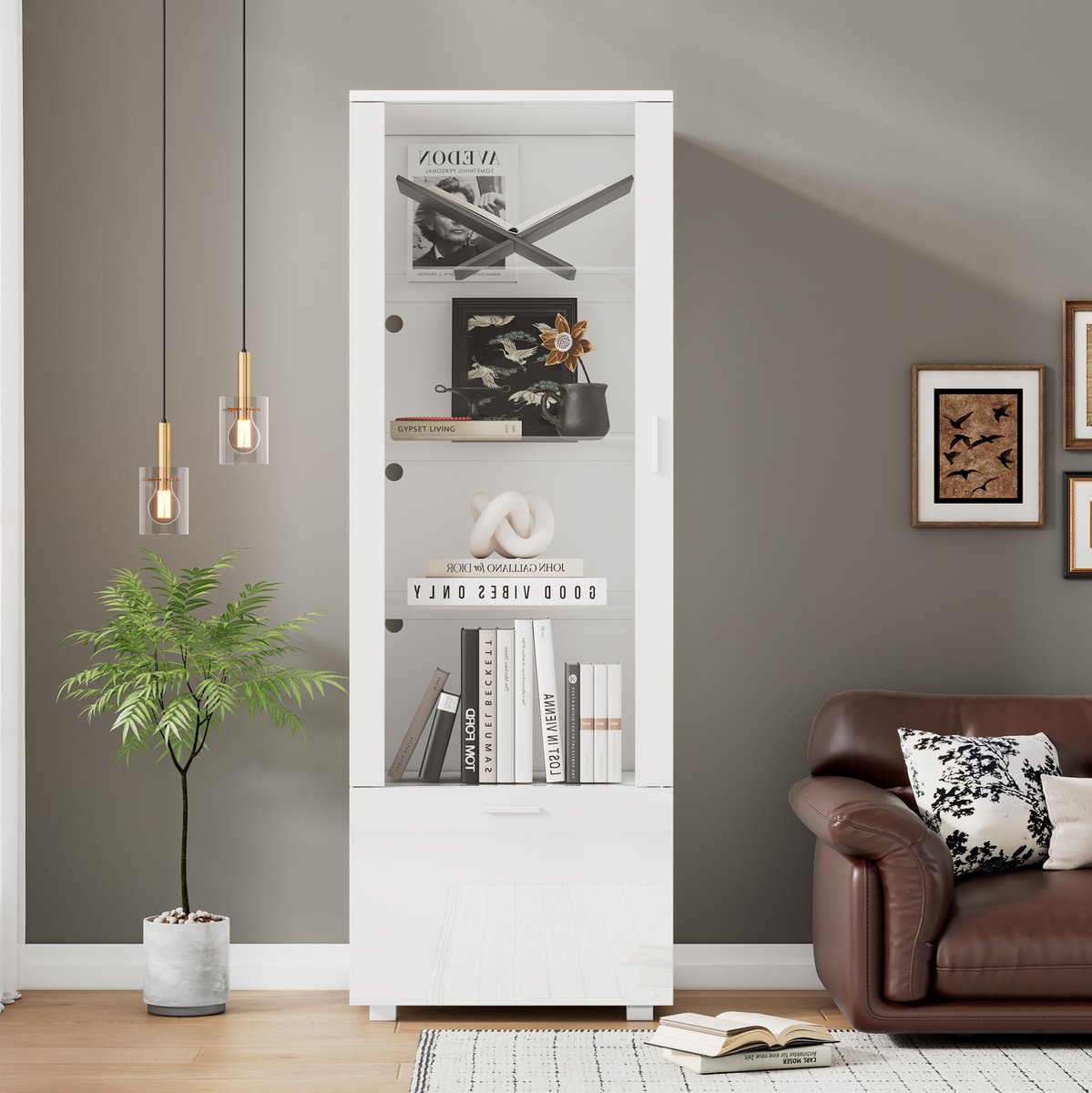 REDOM Vitrinekast - LED-verlichting - Acryldeur - Hoogglans - Woonkamer en kantoor - Spaanplaat en gehard glas - Wit - 50 x 40 x 160 cm