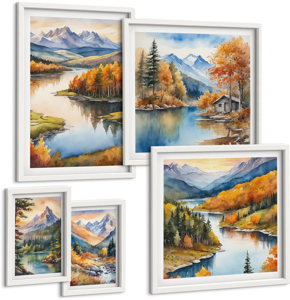 Wallfluent 5-Delige Schilderij Set - Berglandschappen Met Rivieren En Herfstbomen - 50 x 50 cm, 20 x 30 cm En 40 x 60 cm - Moderne Wanddecoratie - Slaapkamer - Woonkamer Decoratie