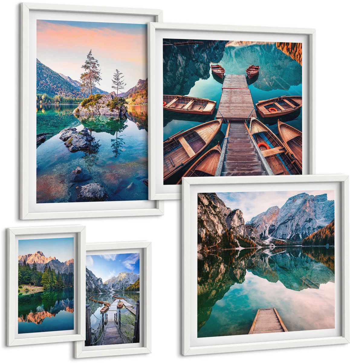 Wallfluent 5-Delige Schilderij Set - Berglandschappen Met Meren En Schilderachtige Uitzichten - 50 x 50 cm, 20 x 30 cm En 40 x 60 cm - Moderne Wanddecoratie - Slaapkamer