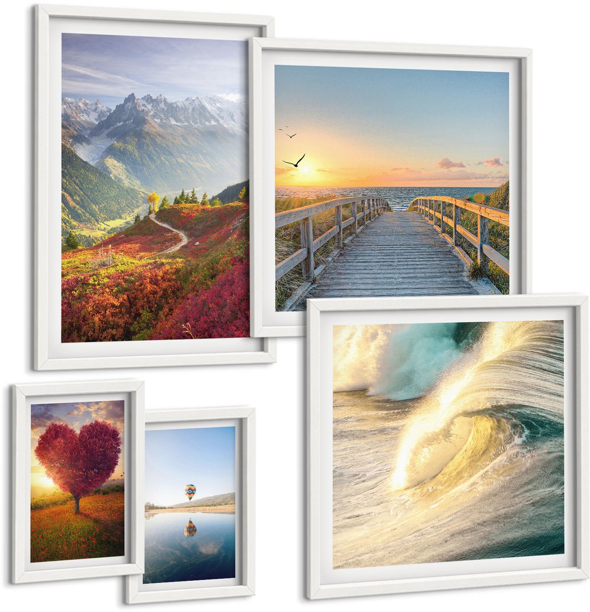 Wallfluent 5-Delige Schilderij Set - Landschappen Natuur Bergen Harten Golven Ballonnen - 50 x 50 cm, 20 x 30 cm En 40 x 60 cm - Moderne Wanddecoratie - Woonkamer - Muurdecoratie