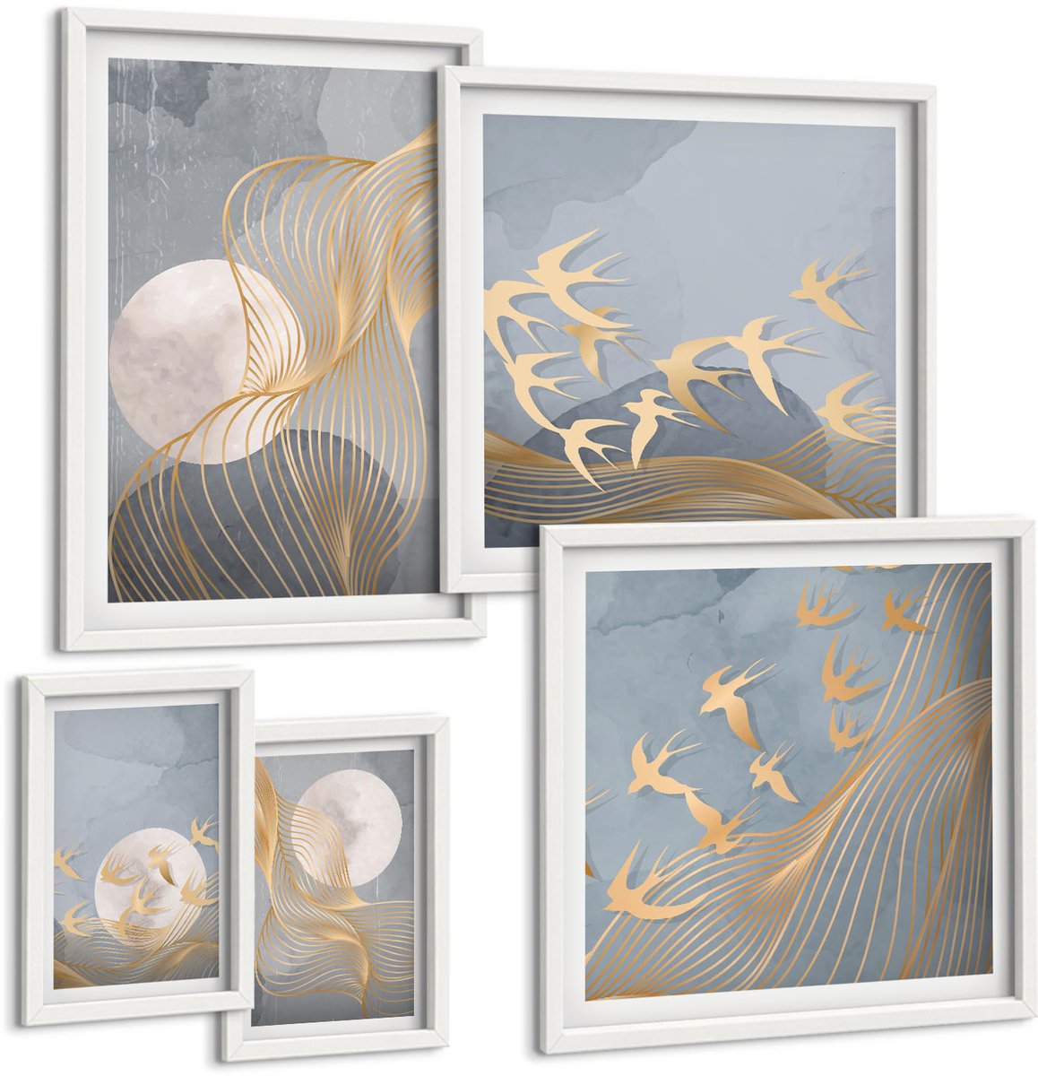 Wallfluent 5-Delige Schilderij Set - Abstracte Composities Met Golven En Bewegende Vogels. - 50 x 50 cm, 20 x 30 cm En 40 x 60 cm - Wanddecoratie - Schilderijen Set - Interieur - Woonkamer Decoratie