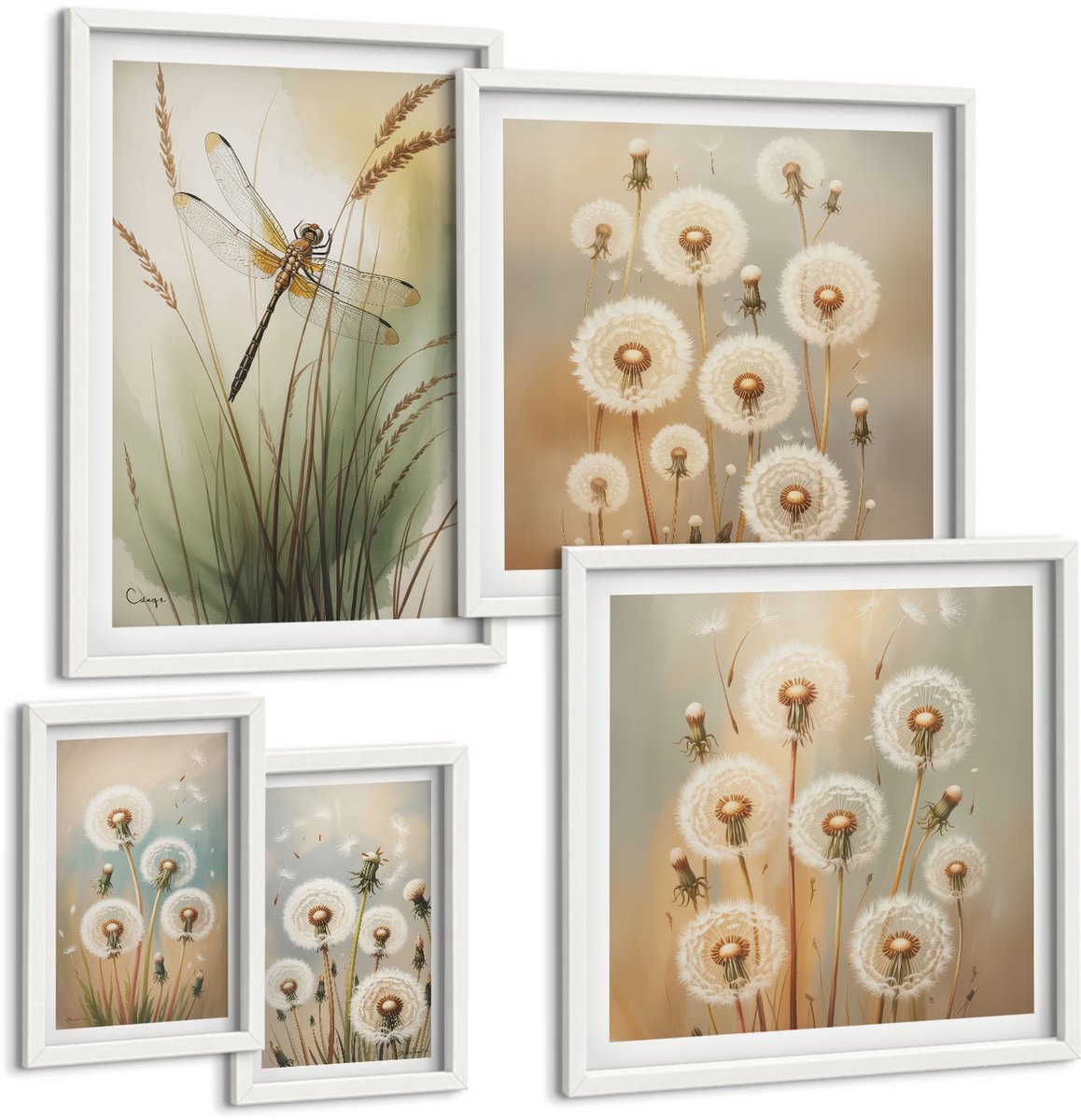 Wallfluent 5-Delige Schilderij Set - Plantenmotieven Met Libellen En Paardenbloemen In Een Natuurlijke Stijl. - 50 x 50 cm, 20 x 30 cm En 40 x 60 cm - Wanddecoratie - Muurdecoratie - Moderne Interieurdecoratie - Decoratieve Schilderijen