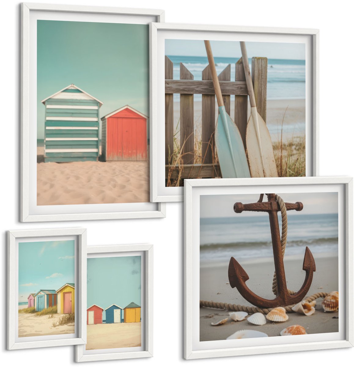 Wallfluent 5-Delige Schilderij Set - Stijlvolle Strandhuizen Met Nautische Elementen En Accessoires. - 50 x 50 cm, 20 x 30 cm En 40 x 60 cm - Schilderijen Set - Wanddecoratie - Woonkamer - Muurdecoratie