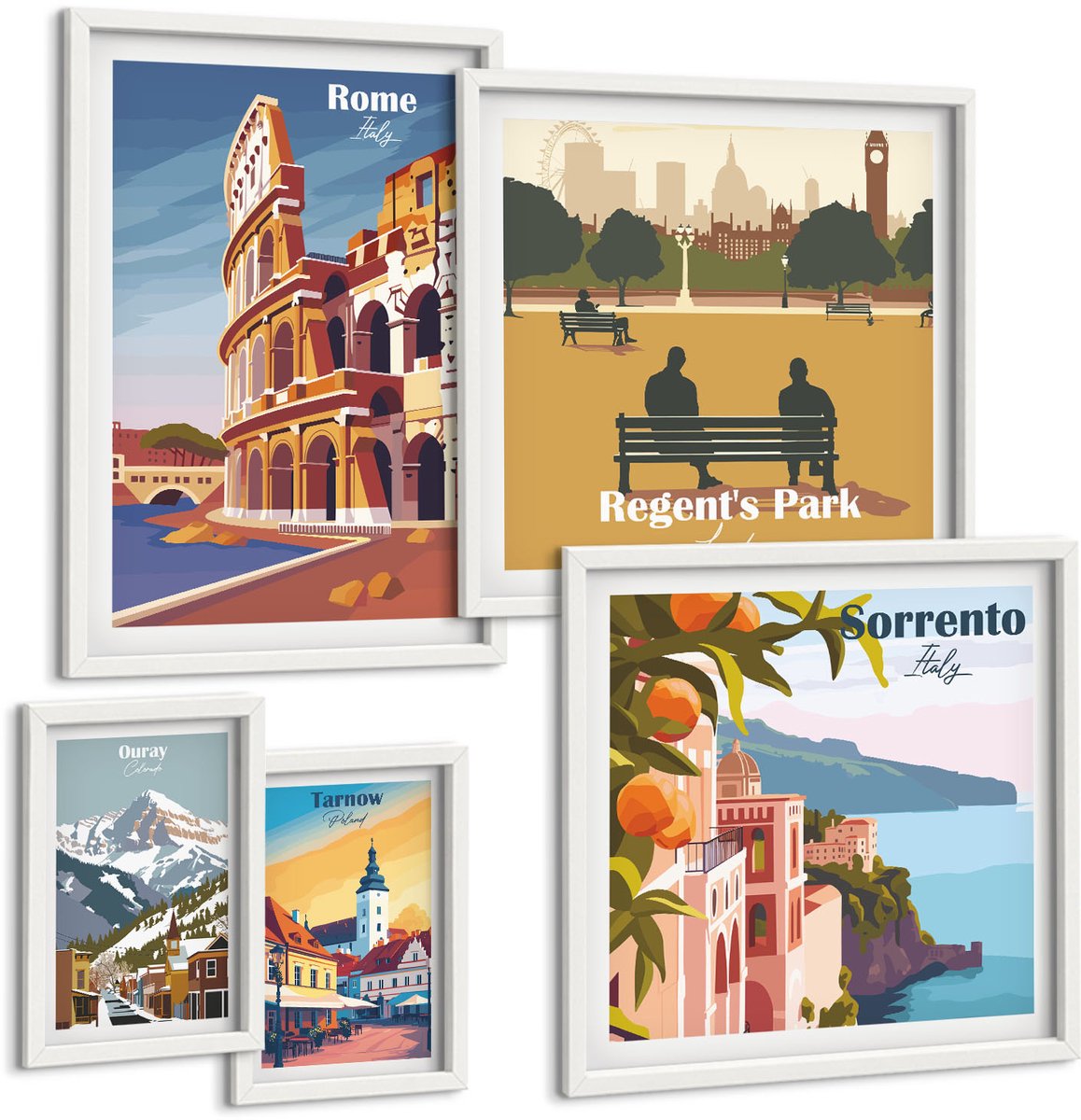 Wallfluent 5-Delige Schilderij Set - Europese Stadsgezichten En Pittoreske Uitzichten - 50 x 50 cm, 20 x 30 cm En 40 x 60 cm - Wanddecoratie - Moderne Interieurdecoratie - Moderne Wanddecoratie