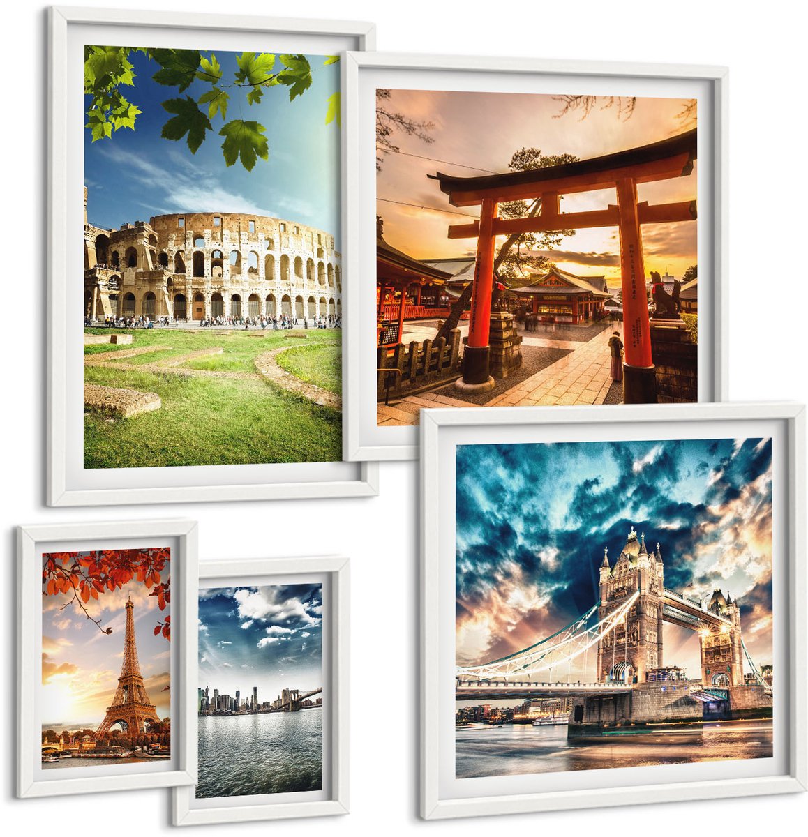 Wallfluent 5-Delige Schilderij Set - Architectonische Iconen Van Over De Hele Wereld - 50 x 50 cm, 20 x 30 cm En 40 x 60 cm - Stijlvolle Wanddecoratie - Interieur - Interieur Decoratie