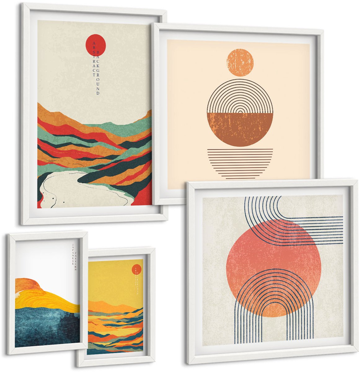 Wallfluent 5-Delige Schilderij Set - Abstracte Landschappen Met Geometrische Vormen En Kleuren. - 50 x 50 cm, 20 x 30 cm En 40 x 60 cm - Muurdecoratie - Schilderijen Set - Woonkamer - Decoratieve Schilderijen