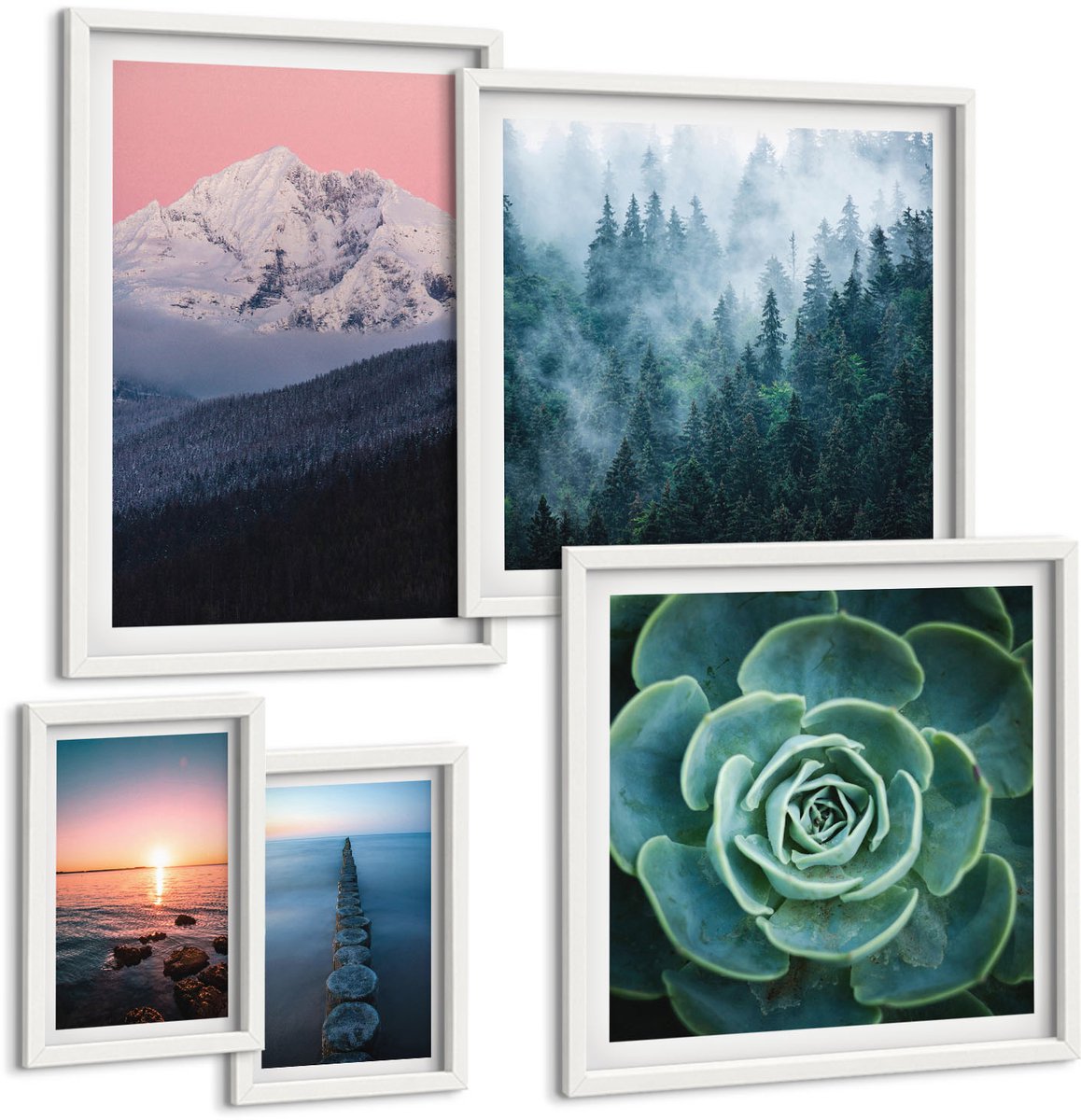 Wallfluent 5-Delige Schilderij Set - Natuurlijke Landschappen, Bergen, Zee, Planten, Boho-Stijl - 50 x 50 cm, 20 x 30 cm En 40 x 60 cm - Wanddecoratie - Muurdecoratie - Moderne Interieurdecoratie - Moderne Wanddecoratie