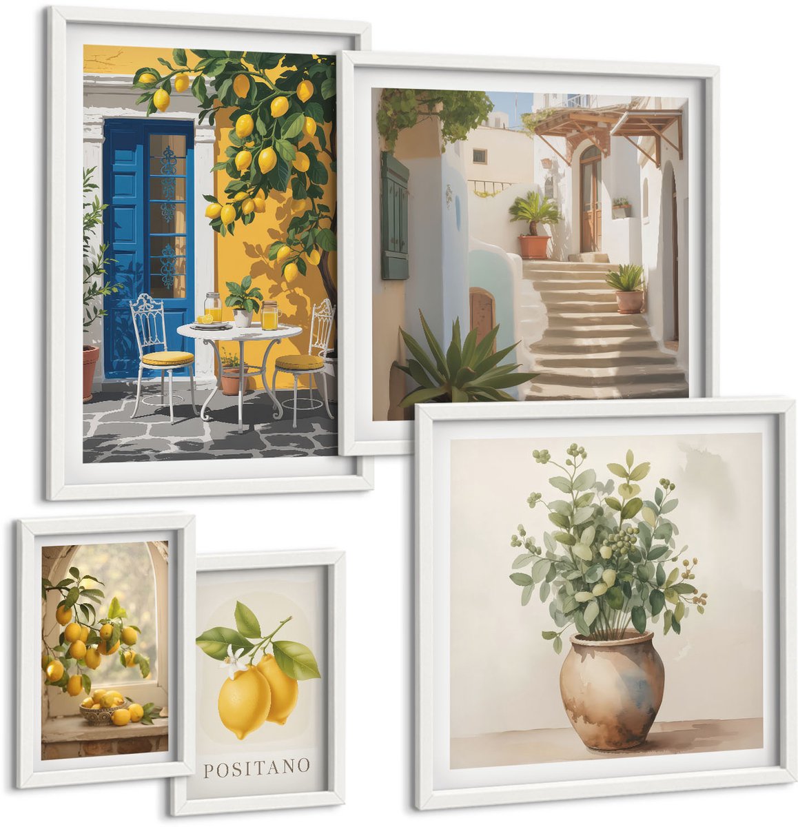 Wallfluent 5-Delige Schilderij Set - Citrusinspiratie In Mediterrane Stijl - 50 x 50 cm, 20 x 30 cm En 40 x 60 cm - Wanddecoratie - Moderne Interieurdecoratie - Interieur Decoratie