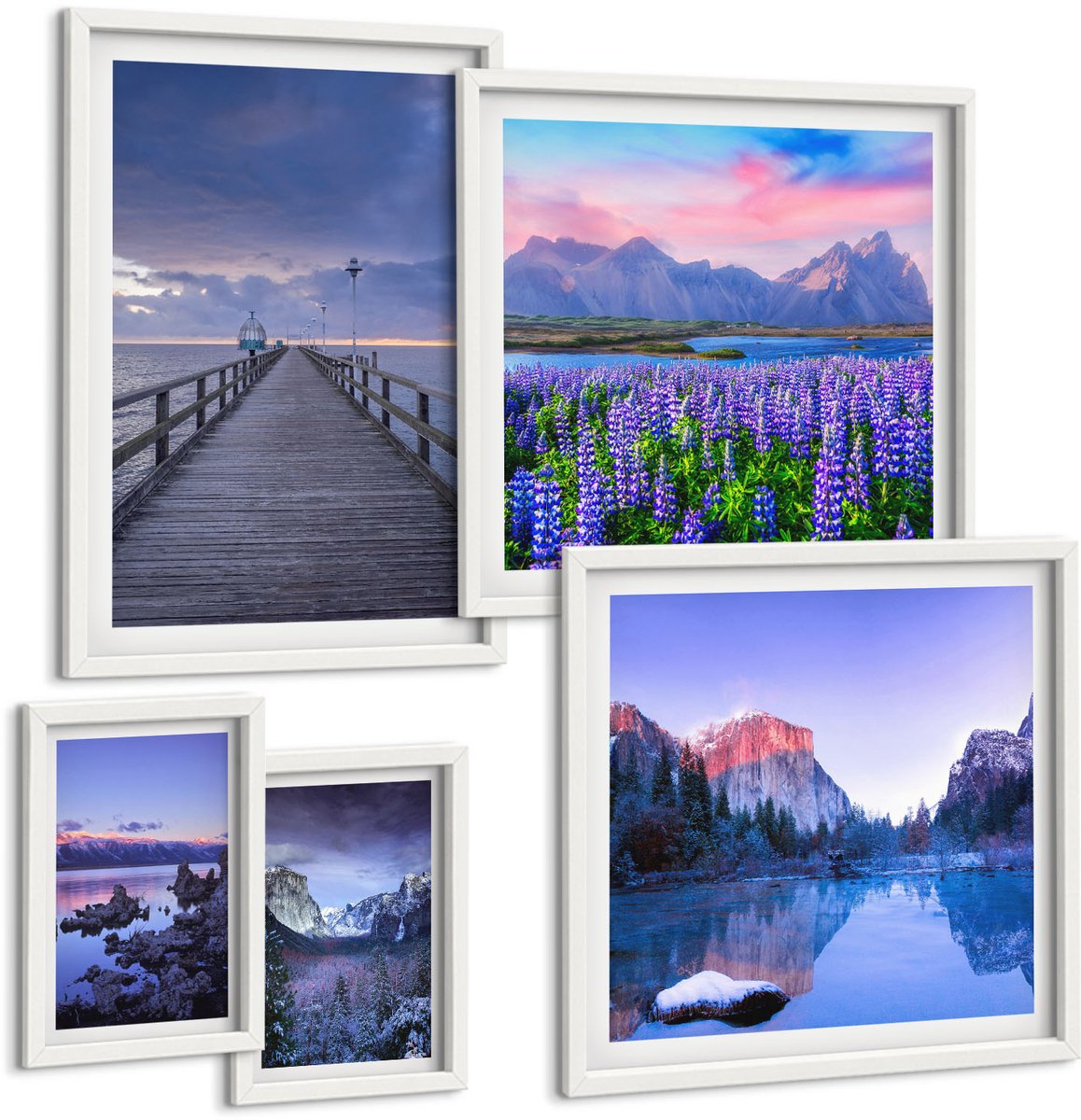 Wallfluent 5-Delige Schilderij Set - Berg- En Kustlandschappen Met Schilderachtige Uitzichten - 50 x 50 cm, 20 x 30 cm En 40 x 60 cm - Wanddecoratie - Schilderijen Set - Kantoor - Stijlvolle Muurdecoratie