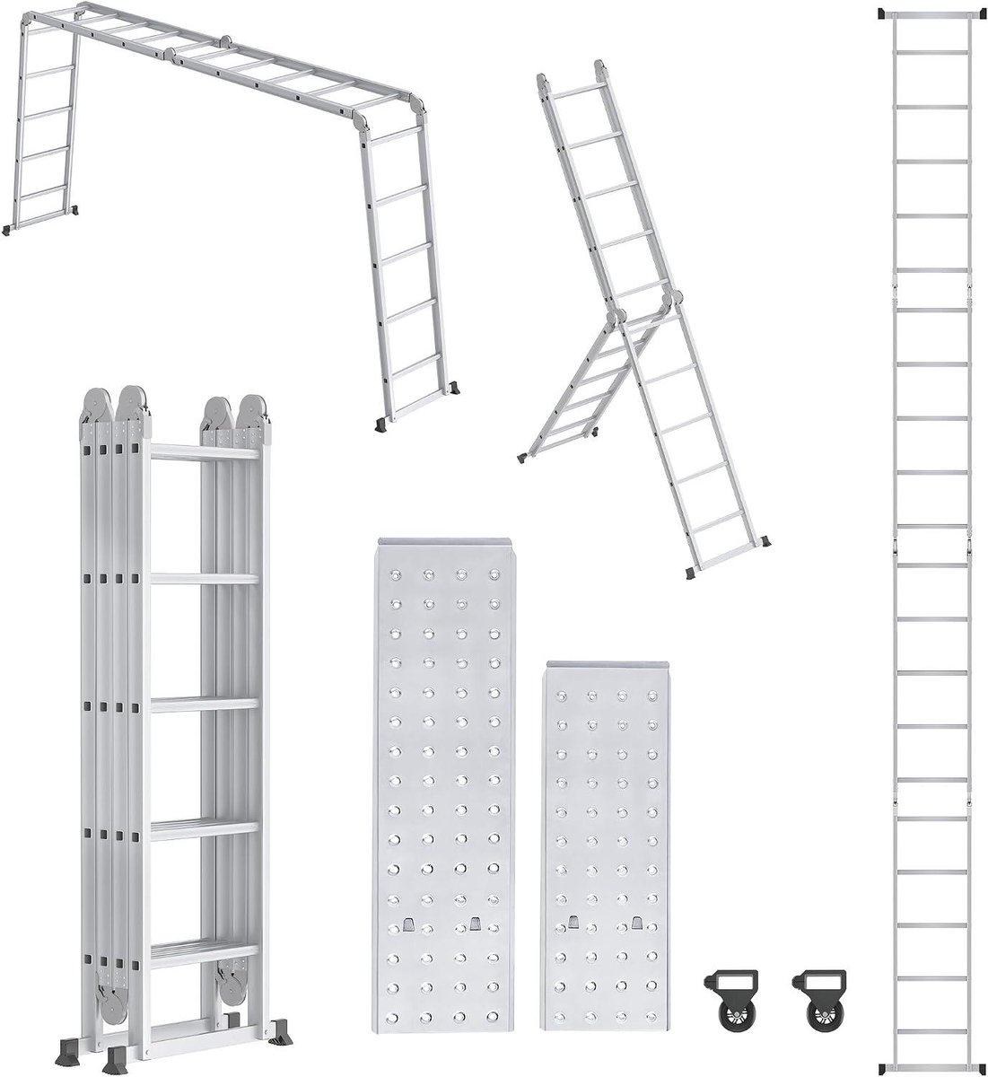 Aluminium Vouwladder - Combinatieladder Steiger - Veelzijdig Klussen - Inclusief Werkplatform - 580 cm - Zilver
