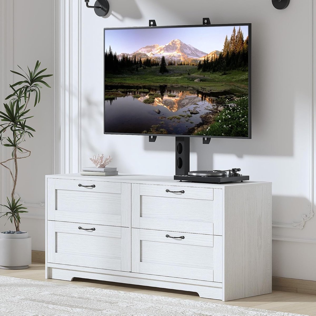 Universeel TV-Meubel met Beugel - Voor 32 t/m 85 inch - TV-Standaard met 4 Laden - Hoogte Verstelbaar - Max. 75 kg - Kabelbeheer - wit & Houtlook