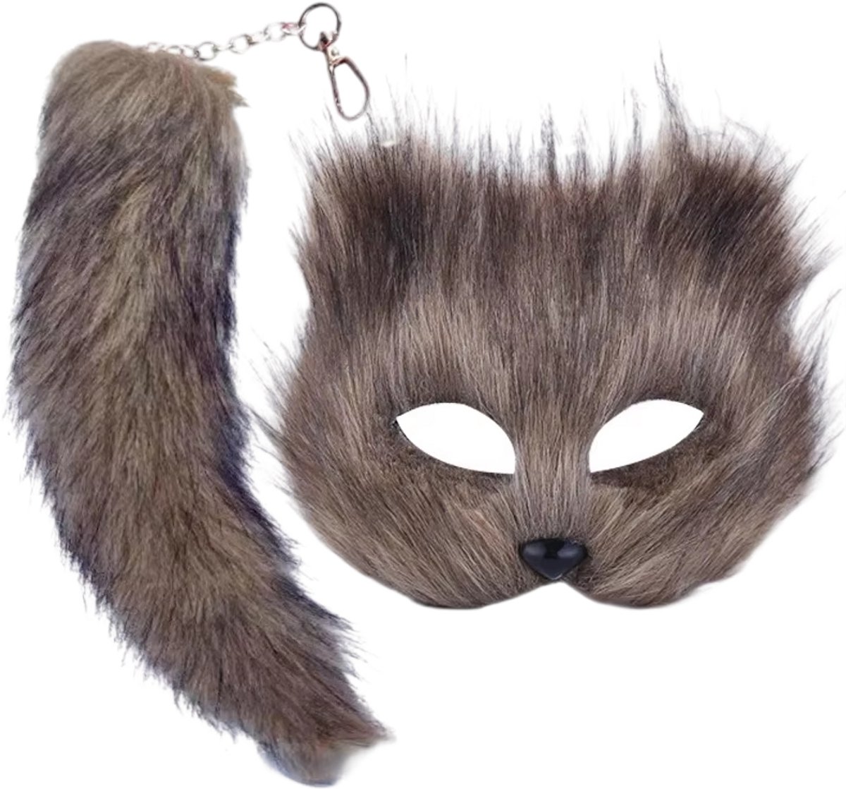 Vos Wolf Cosplay Set – Harige Kattenstaart en Halfgezicht Masker met Sleutelhanger voor Feest, Festival en Maskerade - Grijs