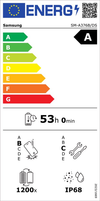 Energie-etiket van een Samsung SM-A376B/DS telefoon met energielabel A, 53 uur batterijduur, 1200 laadcycli, IP68 waterdichtheid.