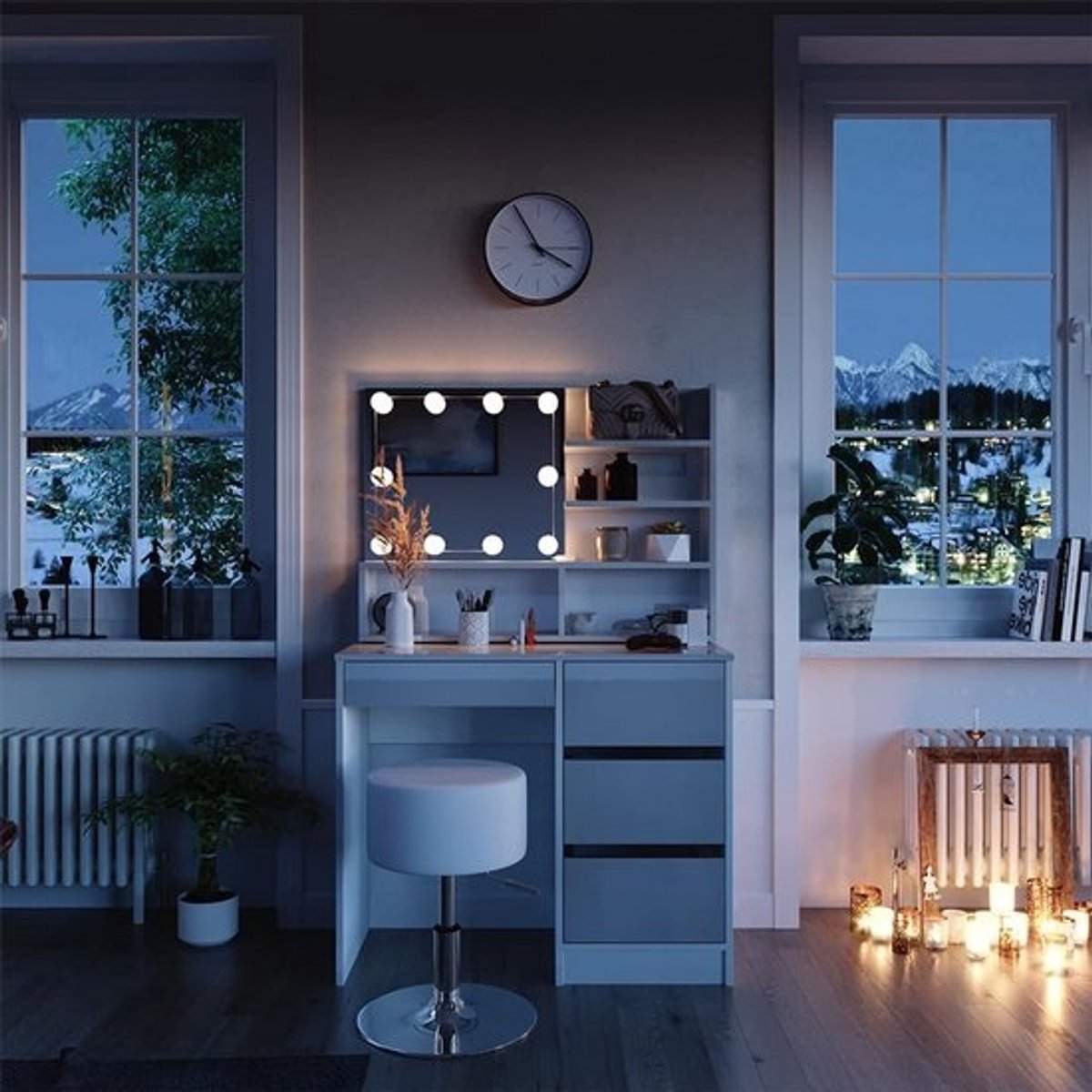 Kaptafelset met Spiegel, LED Verlichting en Kruk - Wit Hoogglans 90 cm