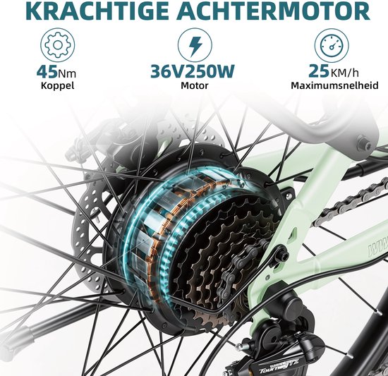 Bekup V2 Elektrische stadsfiets - 26 inch frame met hoge instap - 36V 14,5Ah accu met lange actieradius - 250W achterwielmotor - 45Nm koppel - Shimano 7 versnellingen - Voor- en achter schijfremmen - LCD-display - Pistachegroen — afbeelding 3