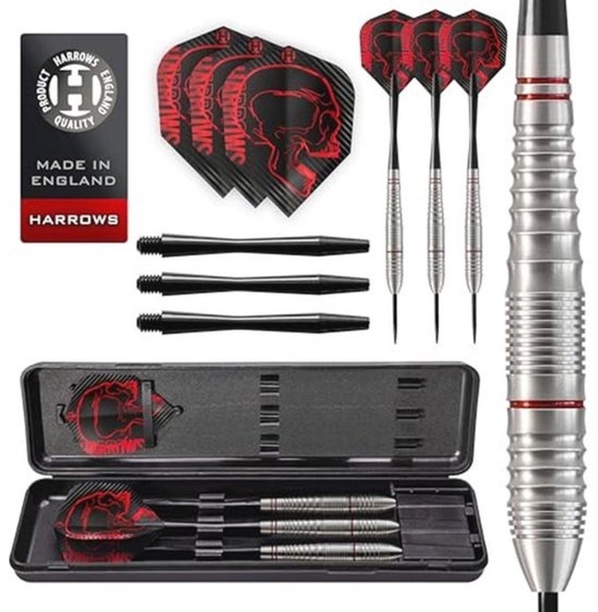 Harrows Rage Tungsten Style Dart Flights | Steel Tip Darts Set with Carrying Case | 21g, 22g, 23g & 24g| Includes Speedline Shafts & 100 Micron Rage Flights 22g