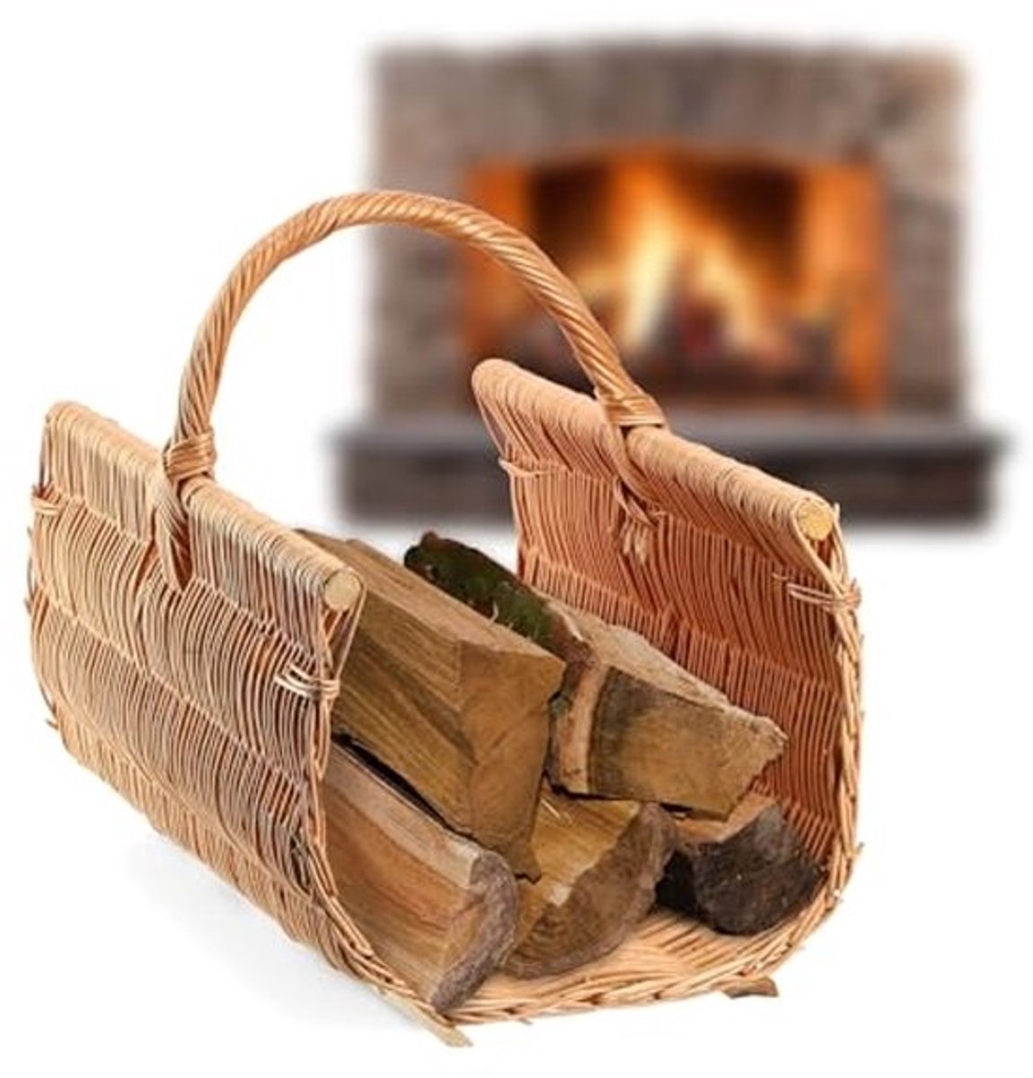 Houten draagmand voor haardhout, decoratieve opslagmand met handvat, natuurkleurige rieten mand (40 x 50 x 35 cm)