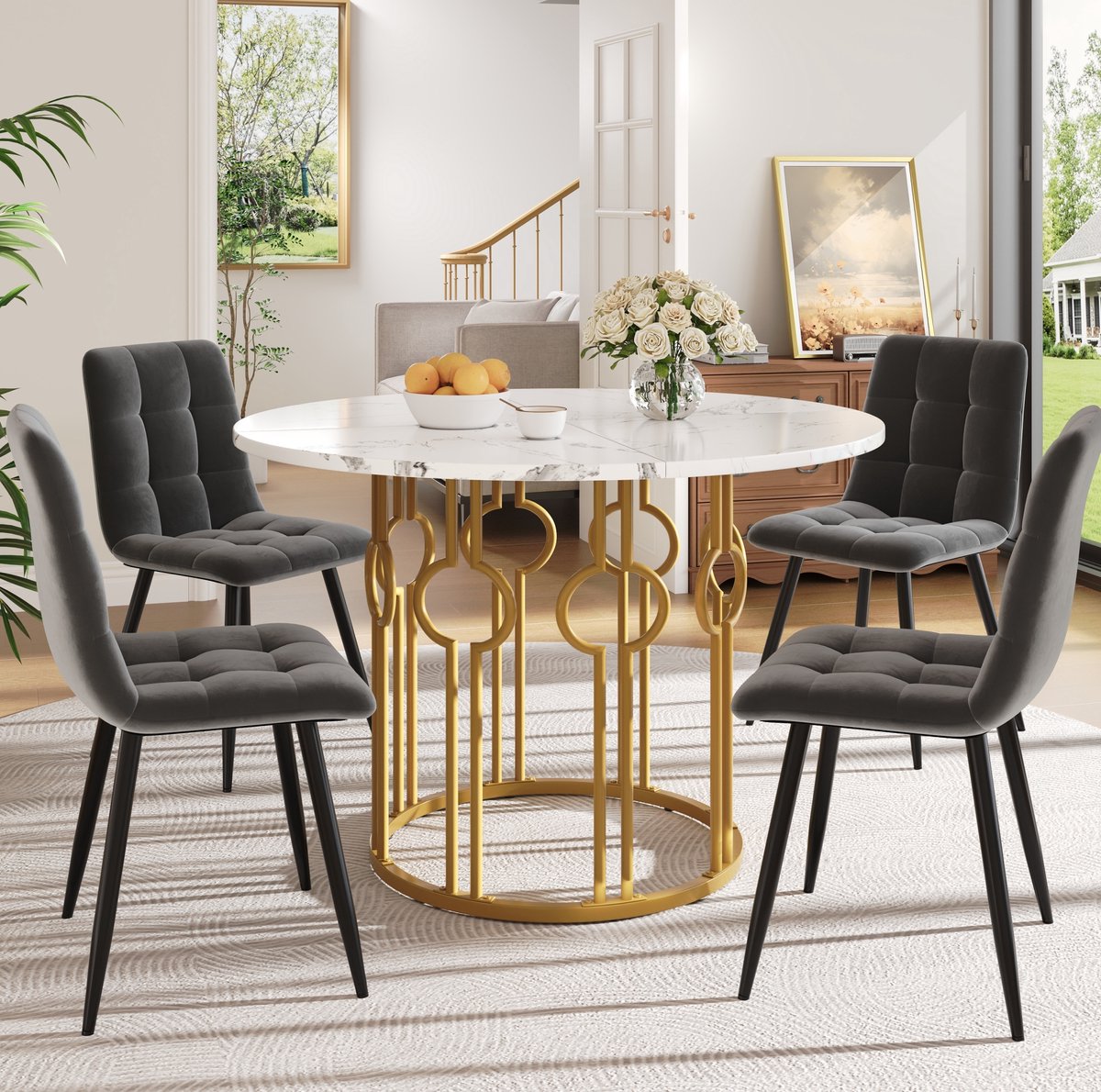 Wishdor Set tafel en stoelen - Ronde eettafel met 4 stoelen - Marmerlook tafelblad verstelbare poot - Modern keuken eetkamer - MDF metaal fluweel - Meerkleurig - 100 x 100 x 76 cm