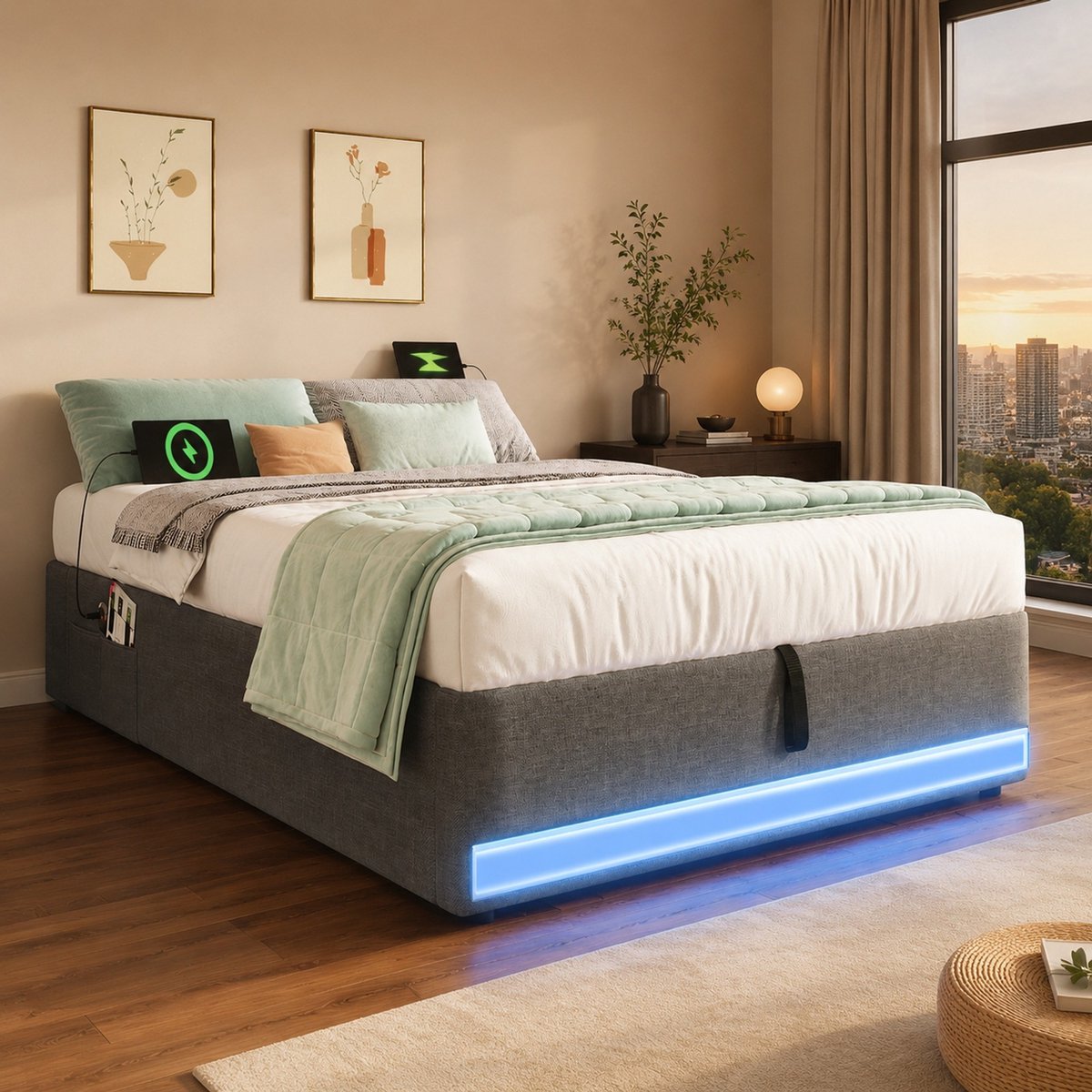 Wishdor Bedframe 90x200 cm - Zonder hoofdbord - Met LED en USB-C - Hydraulische opbergruimte en zijvakken - Modern slaapkamer - Stof en MDF - Grijs