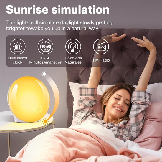Daglichtwekker - Wekker met licht - Rustig wakker worden - Zonsopgang simulatie - 7 natuurlijke tonen - Wit — afbeelding 4