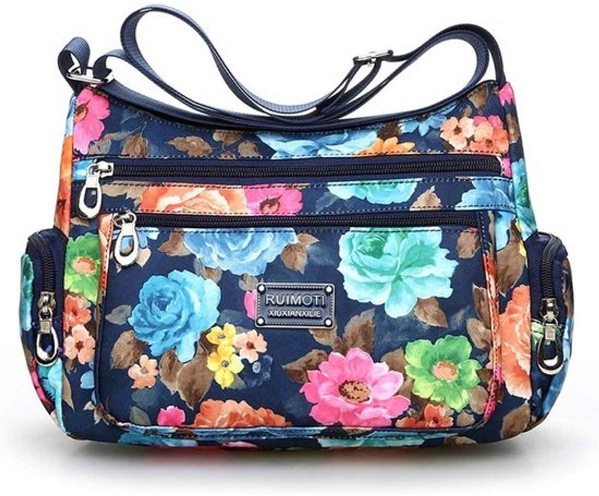 Crossbody Tas voor Dames - Nylon Schoudertas met Bloemen en Multi-Pocket Portemonnee