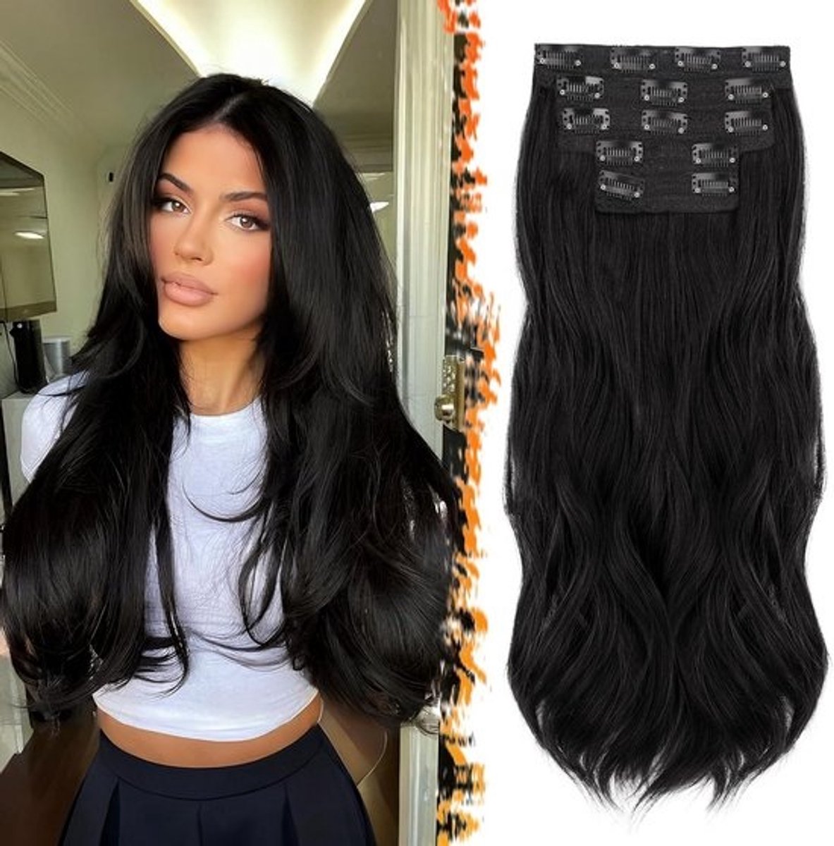 Golvende Clip-in Haarverlenging 50cm - Volume & Lengte in Natuurlijk Zwart