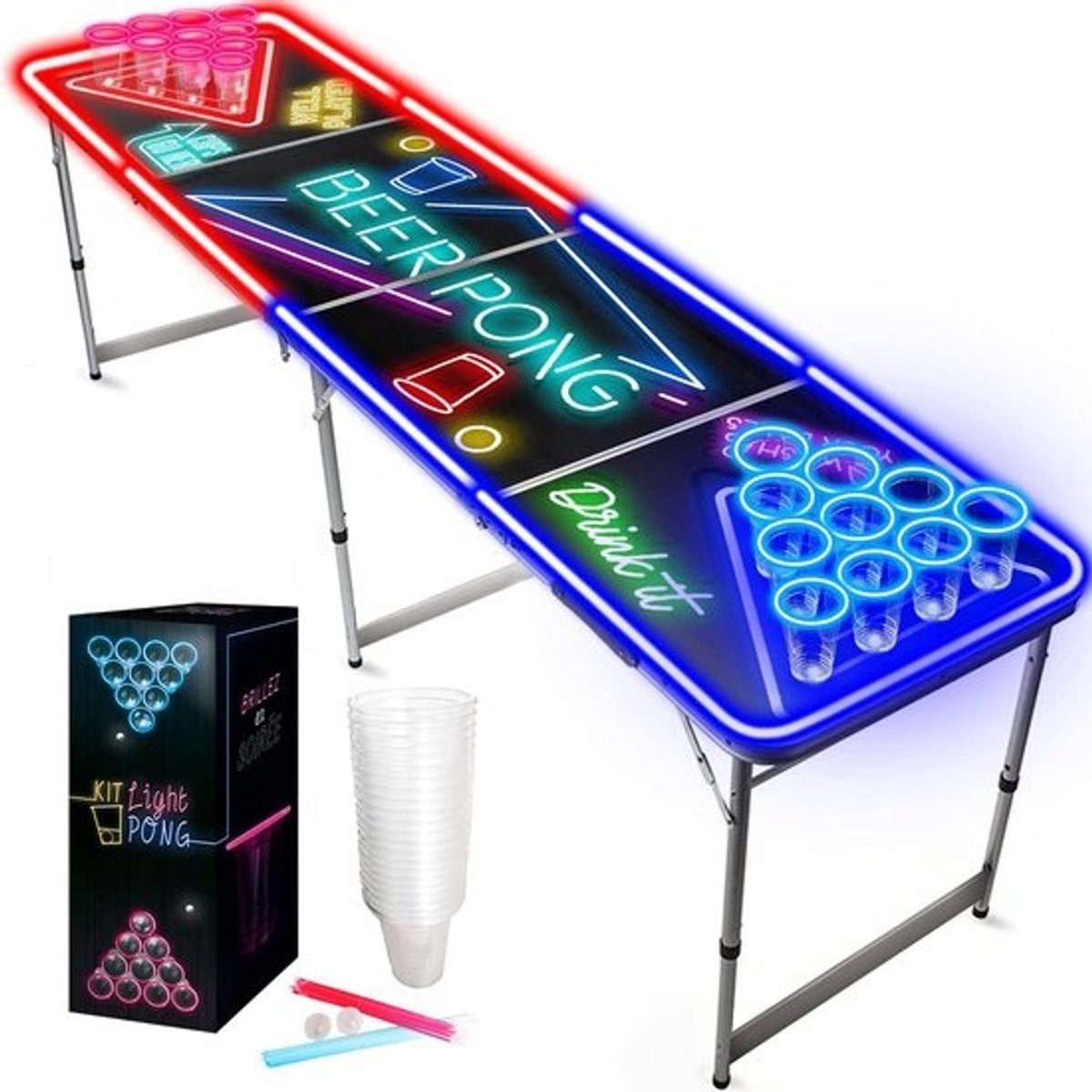 Lichtgevende Beer Pong Set voor Feestjes | Inclusief Tafel, Bekers, Sticks en Fluo Ballen | Complete Premium Set