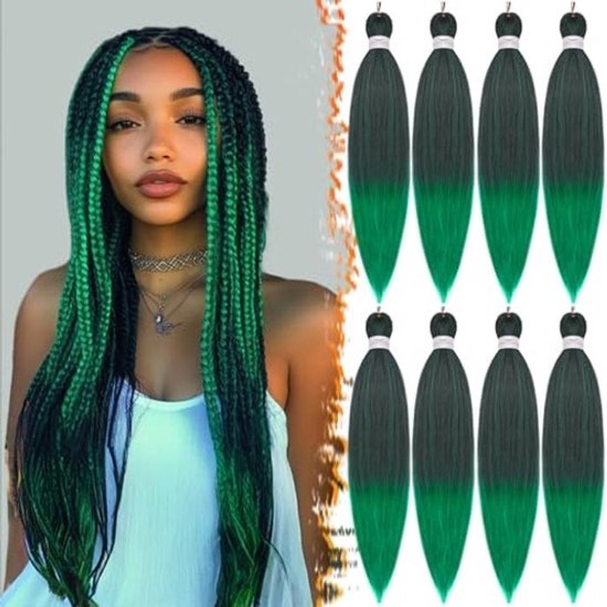 Voorgerekt Vlechthaar 66cm Ombre Groen 8 Packs Synthetisch Gehaakt Yaki-textuur