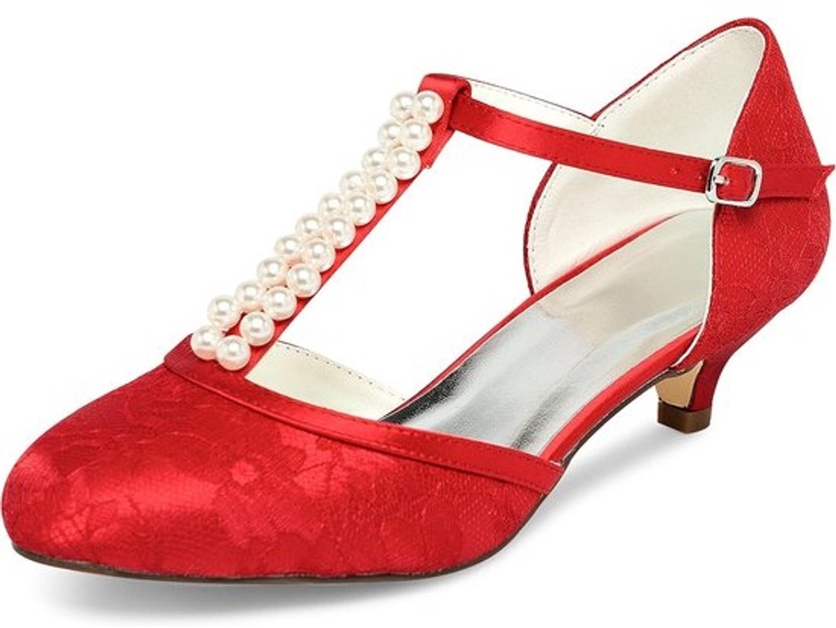 Vrouwen Gesloten Teen T-riem 4 cm Lage Hak Satijnen Pumps met Kant