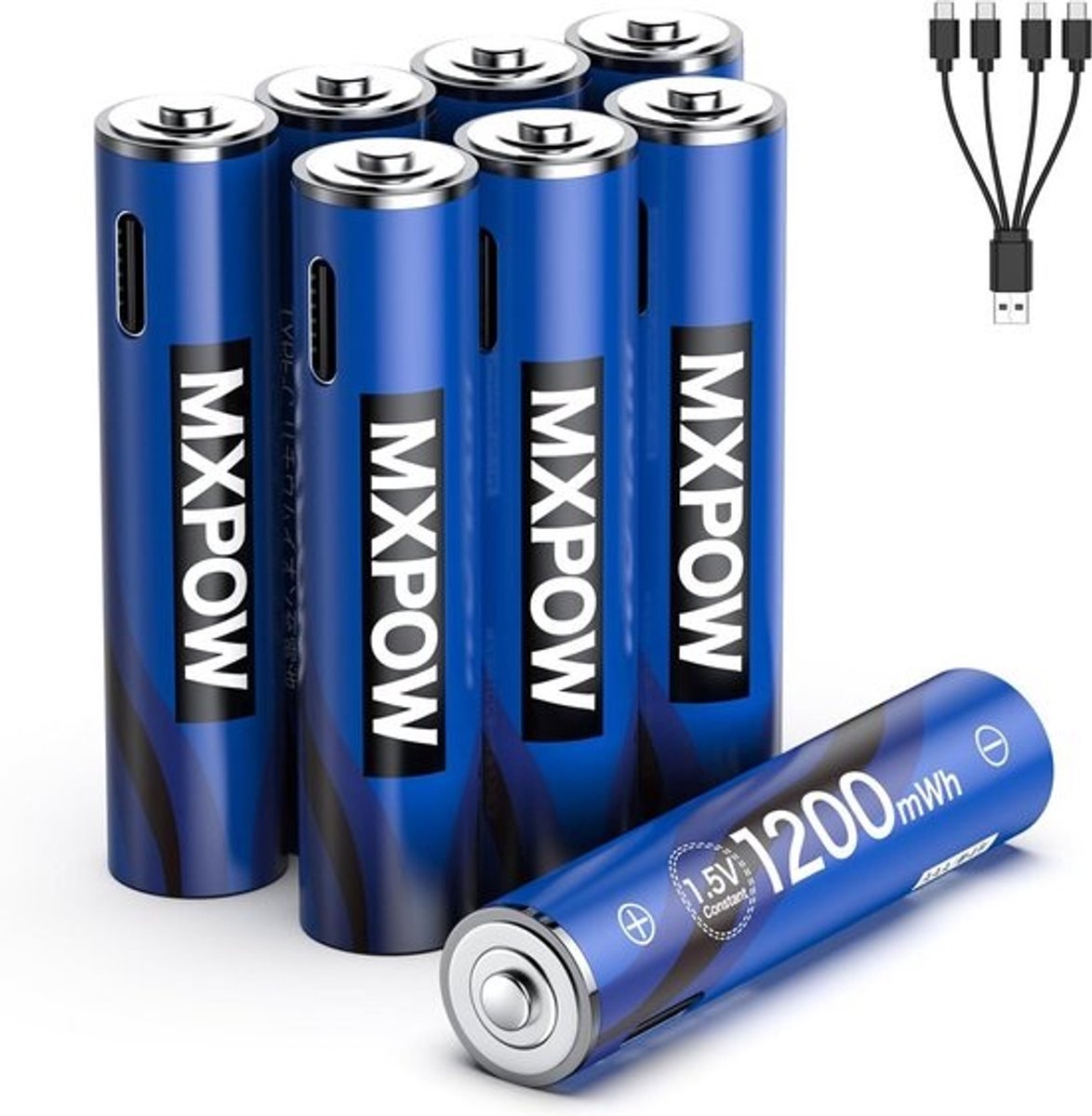Oplaadbare lithium AAA batterij 1,5 V 1200 mWh met USB-C - 8 stuks en 4-in-1 oplaadkabel