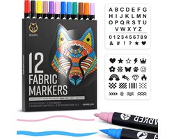 Napi Textielstiften 12st - Dual Tip Permanent - Wasbestendige Stiften voor Kleding - Textielmarkers Volwassenen en Kinderen - Incl. 2 Sjablonen