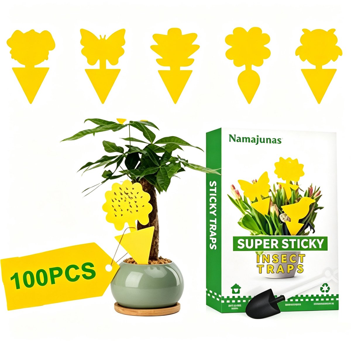 Namajunas - Vliegenvallen - Verpakking van 100 stuks voor de bestrijding van rouwvliegen - Vliegenvallen en fruitvliegenvallen - Milieuvriendelijk en veilig - Geschikt voor planten, keukens, binnen en buiten - Inclusief lepeltje