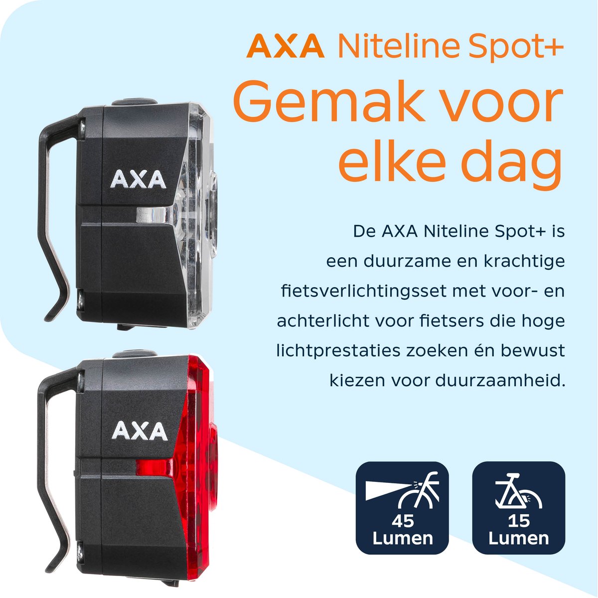 AXA Niteline Spot+ fietsverlichting set – Oplaadbare LED fietsverlichting voor- en achterlicht – USB C – Duurzaam ontwerp voor dagelijks gebruik – foto 4