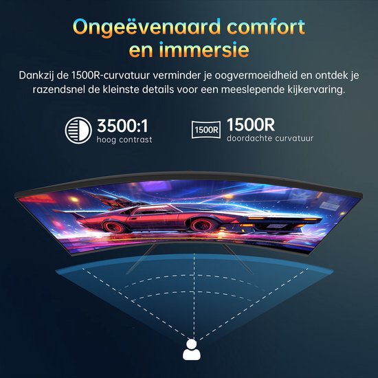 Gebogen monitor met een sportauto op het scherm, met 3500:1 contrast en 1500R curve.