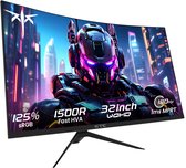 Gebogen 32-inch QHD monitor met een futuristisch robot-design op het scherm. Zwart met rode accenten.